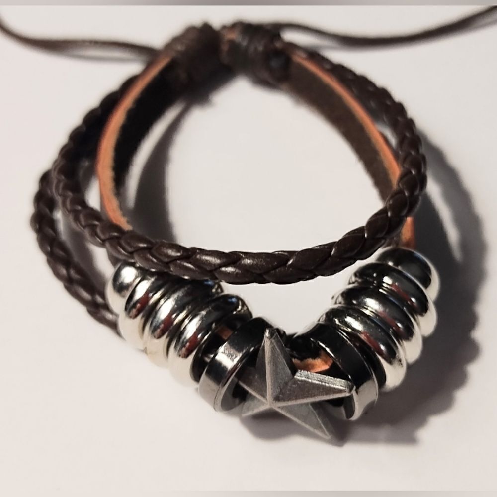 Men's bracelet leather star braided layered brown‎ new d85
